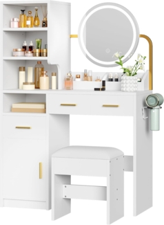 YITAHOME Schminktisch mit Beleuchtung, Einstellbarer Helligkeit, Frisiertisch Spiegel Schubladen, Schminktische Türen, Modern Make up Tisch mit Hocker Verstellbaren Ablagen, Haartrocknerhalter