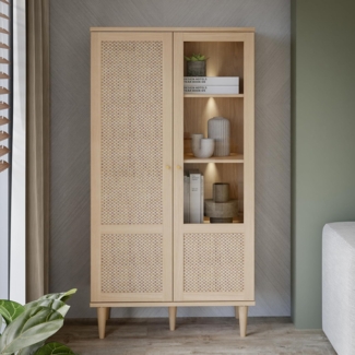 Forte CALASETTA Vitrine 80, Boho-Vitrinenschrank mit Rattangeflecht, 2-türig, Holzwerkstoff, Elegancia Eiche | Technorattan, 80,1 cm breit x 166,6 cm hoch x 41,4 cm tief