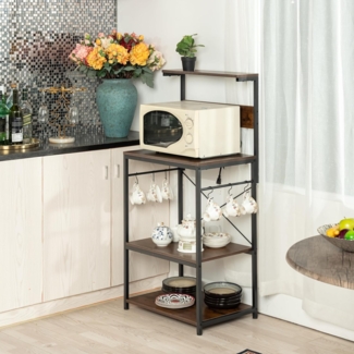 FurnitureR Kitchen Shelf mit Powerstreifen, 3-stufiger Aufbewahrungsschrank, Mikrowellen-Halterung, vertikale Ablage für Dining Room mit 2-Sockel und 6 S-Haken, industrieller rustikaler Braun,