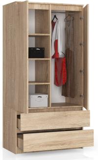 BDW Kleiderschrank 2 Türen, 4 Einlegeböden, Kleiderbügel, 2 Schubladen Kleiderschrank für das Schlafzimmer Wohnzimmer Diele 180 x 90 x 51 cm (Eiche Sonoma)