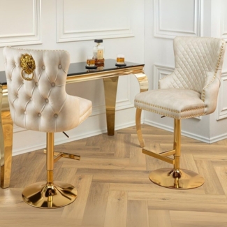LebensWohnArt Stuhl Edler höhenverstellbarer Barstuhl LEON Samt beige Edelstahl Löwenkopf