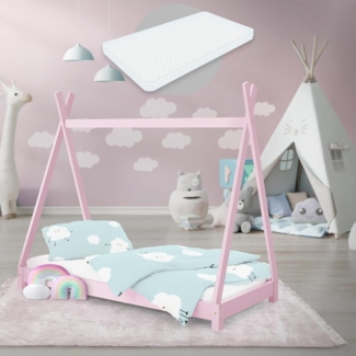 ML-DESIGN Spielbett Hausbett Tipi Zeltbett inkl. Lattenrost Bodenbett Kinder Himmelbett, Abenteuerbett zum Spielen Zelt Kinderbett Kiefer Bettenhaus Bett Rosa