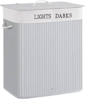 SONGMICS Wäschekorb 2 Fächer, 100 L Wäschesammler mit Deckel, Wäschesortierer Bambus, mit Griffen, faltbar, Wäschesack herausnehmbar und maschinenwaschbar, Waschküche, Schlafzimmer, grau LCB064G03