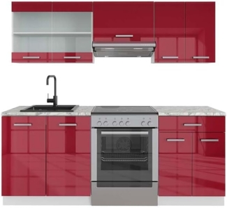 Vicco Küchenzeile Küchenblock Einbauküche R-Line 200 cm Küchenmöbel KüchenschränkeSpülenunterschrank Schubunterschrank Glas Hängeschrank (Weiß-Bordeaux-Rot Hochglanz, ohne Arbeitsplatten)