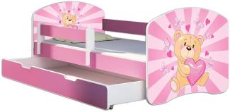 Kinderbett Jugendbett mit einer Schublade und Matratze Rausfallschutz Rosa 70x140 80x160 80x180 ACMA II (10 Teddybär, 70x140 cm + Bettkasten)