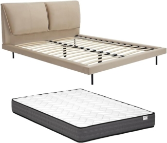 Vente-unique - Bett 140 x 190 cm + Matratze - Samt - Taupe - IBEDIA