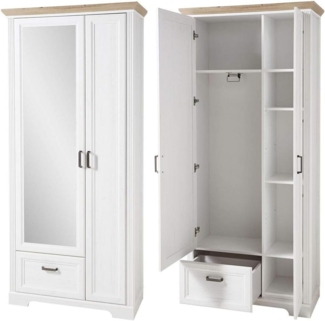 Landhaus Garderobenschrank mit Spiegel JÜLICH-36 in Pinie weiß mit Artisan Eiche, B/H/T: 93/204/41 cm