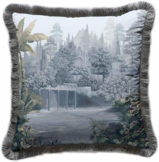 Casa Padrino Luxus Deko Kissen antike Landschaft Mehrfarbig / Grau 45 x 45 cm - Bedrucktes Samt Kissen mit Fransen - Luxus Deko Accessoires