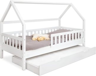 Ehrenkind® Hausbett | Kinderbett mit abnehmbaren Rausfallschutz aus Massivholz FSC zertifziert inkl. Lattenrost & Bettkasten | Hausbett 90x200 | Kinderbett 90x200 Weiß