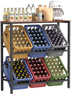 SONGMICS Getränkekistenregal, 2 Ebenen, für 6 Kisten, Aufbewahrungsregal, Jede Ebene bis 150 kg belastbar, Stahl, Getränkeregal, für Küche, Wohnzimmer, Garage, vintagebraun-tintenschwarz