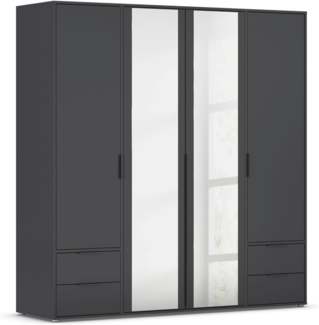 Rauch Möbel Nagata, Drehtürenschrank, Kleiderschrank, Kleiderschränke, Garderobe, 4-türig, 2 Spiegeltüren, 4 Schubladen, Spiegel/Glas teilaufgelegt, Farbe Grau metallic, Schwarz, 187 x 194 x 53 cm