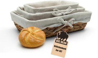BigDean 3er Set Brötchenkorb Brotkorbchen Brotkorb modern geflochten aus Seegras mit Leinentuch