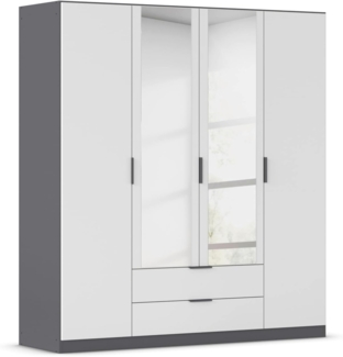 Rauch Möbel Lagoa, Kleiderschrank, Garderobe für Schlafzimmer, Kinderzimmer, Jugendzimmer 4-türig mit Spiegel, 2 Schubladen, Farbe Weiß/Grau metallic, Schwarz, Breite 181 cm