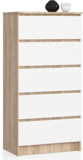 Kommode K60 mit 5 Schubladen | für das Wohnzimmer Schlafzimmer Schrank Büro Arbeitszimmer | Modernes Funktionales Design | B60 x H121 x T40 cm, Gewicht 39kg | Sonoma Eiche/Weiß