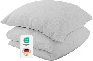 jilda-tex Bio-Bettwäsche Musselin Medina 100% Bio-Baumwolle Knitterlook Bügelfrei Uni Made in Green (Hellgrau, 135x200 + 80x80 cm)