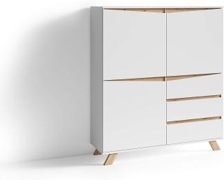 byLIVING Highboard VALENTIN / Sideboard matt weiß mit Absetzung in Eiche-Optik / Wohnzimmer-Schrank mit 3 Türen und 3 Schubkästen / Im Scandi-Style / Grifflos / B 120, H 142, T 38 cm