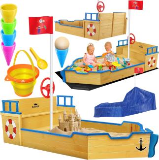 KIDIZ® Sandkasten Ahoi - Piratenschiff Boot Segelschiff aus Holz Inkl. Abdeckung, Bodenplane, Sitzbank, Flaggenmast, Sandspielzeug | Große Kinder Sandkiste für den Garten | Outdoor Sandbox Blau