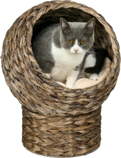 PawHut Tierhaus Katzenkorb aus Wasserhyazinthe, Katzenbett mit Kissen, für Katzen, Dunkelbraun