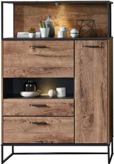 Highboard im Industrial look in Haveleiche Cognac mit graphit MINNEAPOLIS-55 inkl. LED-Beleuchtung, B/H/T ca: 99/151/38 cm