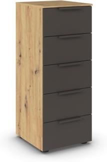 Rauch Möbel Flipp, Kommode für Schlafzimmer, Kinderzimmer, Wohnzimmer, Jugendzimmer, Flur, Garderobe, 5 Schubladen, mit Softclose Funktion, Farbe Eiche Artisan, Holz/Graphit, Schwarz, Breite 40 cm