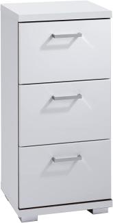 byLIVING Badezimmer Seitenschrank NEBRASKA in matt weiß Hochglanz weiß lackiert / Kleiner Badschrank mit 3 Schubladen und silberfarbenen Griffen / B 35,5, H 74, T 31,5 cm