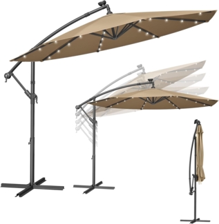 Songmics Sonnenschirm mit LED-Solar-Beleuchtung und Ständer, UPF 50+, Stahl taupe, Ø 300 cm