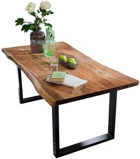 SAM Baumkantentisch 180x90 cm Quarto, Akazienholz massiv + nussbaumfarben lackiert, Esstisch mit schwarz lackiertem U-Gestell, Esszimmertisch/Holztisch im Industrial-Design, Tischplatte 26 mm