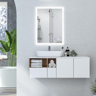 Kleankin Spiegel Badspiegel mit LED-Beleuchtung, Lichtspiegel mit Touchschalter (beschlagfreier Wandspiegel mit 3 Lichtfarben, 1-St, IP44 Wasserdicht), Memory-Funktion, 80cm x 60cm x 3cm