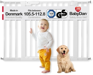 BabyDan Premier Türschutzgitter / Treppenschutzgitter zum Klemmen, 105.5 - 112.8 cm - hergestellt in Dänemark und vom TÜV GS geprüft, Farbe: Weiß