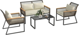 Outsunny Sitzgruppe 4 Personen, mit 2er Sofa, 2 Stühle, Glastisch, Kissen, (wetterfest Balkonmöbel-Set, 4-tlg, Polyrattan Gartenmöbel Set), Gartenlounge für Garten Balkon Grau+Beige
