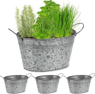 Relaxdays Zinkwanne 4er Set, verzinkte Blechwanne für Garten, ovale Kübel, Dekowannen, HxBxT: 15,5x29x17,5cm, Silber