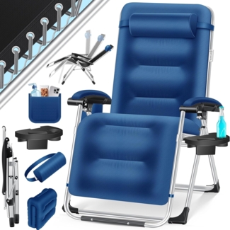 KESSER® Sonnenliege Liegestuhl, klappbare Gartenliege extra breit & Wetterfest, Belastbar 200kg, Ergonomisches Polster verstellbare Rückenlehne inkl. Nackenkissen Getränkehalter & Armpolster Navyblau