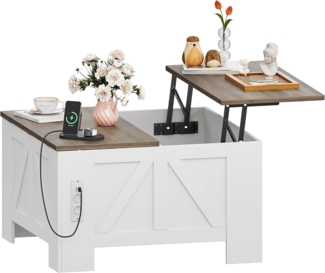 YITAHOME Couchtisch Höhenverstellbar Wohnzimmertisch mit versteckter Stauraum, anhebbarer Tischplatte und Steckdose, Wohnzimmer Tisch für Couch, Weiß und Grau