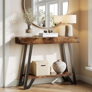 LITTLE TREE Konsolentisch, 103 x 30 x 80 cm, Beistelltisch, Flurtisch, Sofatisch für Kleinen Raum, Konsolentisch mit 2 Stauraum im Eingangsbereich für Eingang, Flur, Wohnzimmer, Braun