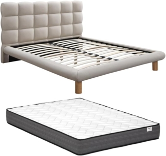 Vente-unique - Bett mit gestepptem Kopfteil + Matratze - 160 x 200 cm - Stoff - Beige - FUDALI