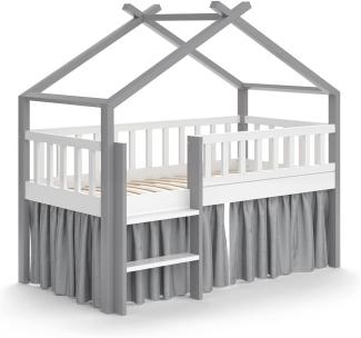 VitaliSpa Kinderbett Bettenhaus Einzelbett Adis Weiß Grau modern 168x158 cm Kinderzimmer Rausfallschutz Massivholz Lattenrost Bettleiter Hausbett Hochbett