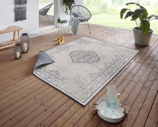 NORTHRUGS In- und Outdoor Teppich Cebu 80x150 cm - Wendeteppich Wetterfest Orientalisches Vintage Design Läufer für Balkon Terrasse Garten Wintergarten Wohnzimmerteppich Wasserfest in Blau Creme