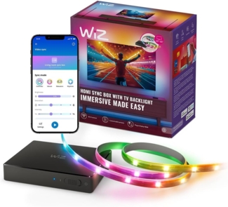 WiZ HDMI Sync Box mit TV Beleuchtung, Synchronisiert Licht zu Filmen/Games etc, HDMI 2.0 unterstützt 4K bei 60Hz,RGBIC LED Strip für 55"-65" Zoll, App-/Sprachsteuerung, funktioniert mit Google &Alexa