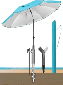 4smile Sonnenschirm Strand 200 cm 3-IN-1 Set – Strandschirm Windfest Stabil, Sonnenschutz Strand mit Schutzhülle, Sonnenschirm mit Bodendübel, Eindrehbodenhülse, UPF50+, Fb. Türkis