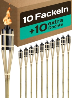 Praknu Gartenfackel 10er-Set aus Bambus 90 cm - lange Brenndauer - Naturfarben, Lange Brenndauer, wetterfest, wiederbefüllbar, mehrfach nutzbar, dekorative Beleuchtung für Garten & Events, Feuer, langlebig, nachfüllbar, inkl. Ersatzdochte, windstabil, ...