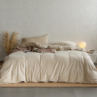 Lanqinglv Flanell Fleece Bettwäsche 135x200 cm Beige Plüsch Flauschig Winterbettwäsche Warme Cashmere Touch Biber Uni Bettbezug mit Reißverschluss und Kissenbezug 80x80 cm