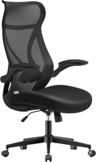 SONGMICS Bürostuhl, Schreibtischstuhl, ergonomische Rückenlehne, höhenverstellbar, hochklappbare Armlehnen, Drehstuhl mit Kopfstütze, bis 150 kg belastbar, tintenschwarz OBN088B01