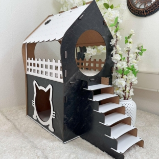 Jungengel Tierhaus Zweistöckiges Katzenhaus aus MDF – Schwarz Marmoriert & Weiß, Marmoroptik, Werkzeugloser Aufbau, Balkon, Katzenöffnung, 2 Etagen