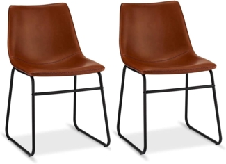 Furnhouse Ibbe Design 2er Set Cognac Braun Kunstleder Esszimmerstühle Vintage Lounge Industrial Küchenstühle Indiana, Schwarz Metallgestell, 46x54x78 cm