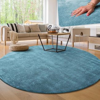 Paco Home Waschbarer Teppich Wohnzimmer Schlafzimmer Kurzflor rutschfest Flauschig Weich Moderne Einfarbige Muster, Grösse:120 cm Rund, Farbe:Türkis