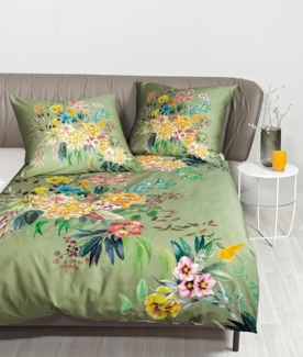 Janine Modern Art Mako-Satin Bettwäsche 135x200 Blumen Blätter grün 42121-06