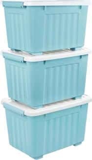Cetomo 35L*3 Aufbewahrungsboxen mit Deckeln, Kunststoff-Aufbewahrungsbox mit Rollen und Clips, Kunststoffbox für Zuhause und Büro, BPA-frei, Nestbar, Stapelbar, Blau, 35L-3er Pack