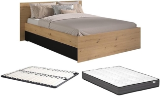 Vente-unique - Bett mit 2 Schubladen + Lattenrost + Schublade - 160 x 200 cm - Holzfarben & Schwarz - VARLY