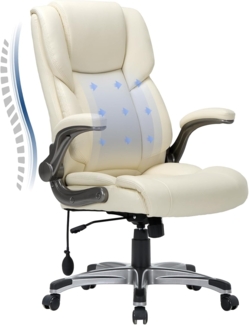 COLAMY Bürostuhl Ergonomisch, Chefsessel mit Hoher Rückenlehne, Schreibtischstuhl Lederstuhl mit Gepolsterten Klapparmlehnen, Verstellbarer Neigungsverschluss, Drehstuhl für Erwachsene, Elfenbein