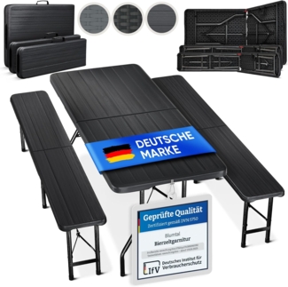 Blumtal Bierzeltgarnitur 3er Set - 2X Bierbank + 1x Biertisch - tragstarke Biertischgarnitur klappbar für 8 Personen - Bierbankgarnitur mit Tragegriff - Biergartengarnitur in Rattan-Optik Schwarz